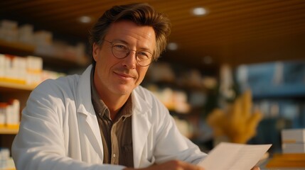 A pharmacist offering patient-friendly guidance on medication use, using demonstration tools and easy visual charts at a brightly lit pharmacy counter — accessible pharmaceutical care, simplified