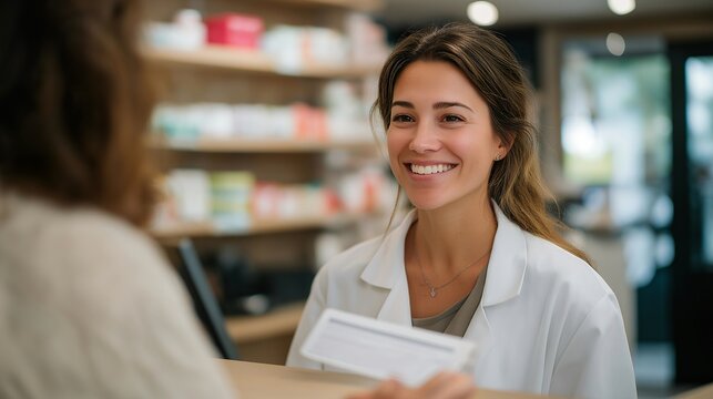 A pharmacist offering patient-friendly guidance on medication use, using demonstration tools and easy visual charts at a brightly lit pharmacy counter — accessible pharmaceutical care, simplified - Powered by Adobe
