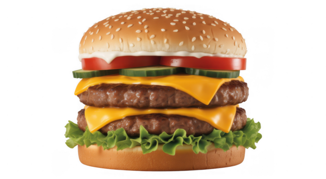 Double cheeseburger with lettuce tomato cucumber isolated on a transparent background - Powered by Adobe