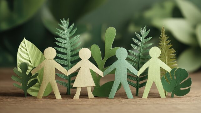 diverse paper cutout figures holding hands on wood with greenery background for corporate teamwork and inclusive wellness event promotion