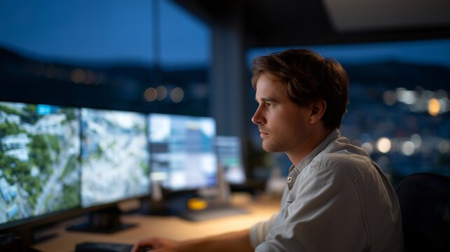 An engineer monitoring AGV traffic on a large control dashboard, digital maps displaying real-time routes and performance metrics across the entire warehouse — autonomous systems management, smart