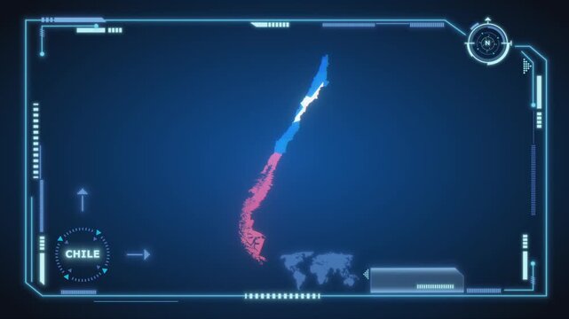 Futuristic Digital Chile map HUD animation, global network cyber technology, government, Country Map, Politics, Travel, News, and Sports Events
