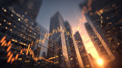 skyscrapers reflecting financial data portraying investment opportunities during a beautiful sunset