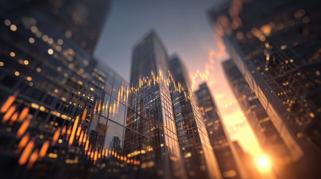skyscrapers reflecting financial data portraying investment opportunities during a beautiful sunset - Powered by Adobe