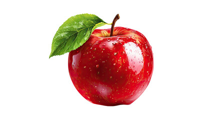 Ripe red apple with a fresh green leaf, isolated on a clean white background, representing a healthy, organic fruit snack