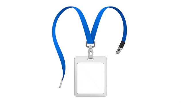 A 3D render of an empty, rectangular ID badge with a blue lanyard. Badge has a clear front and white frame