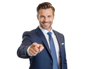 Male office leader pointing forward as if giving direction, isolated on a transparent background, PNG