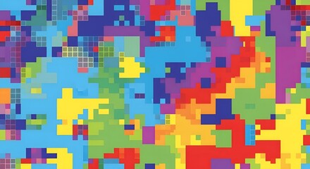 Vibrant, dynamic abstract mosaic crafted from diverse, colorful geometric shapes, forming a modern pixelated digital art background with intricate patterns and complex visual textures