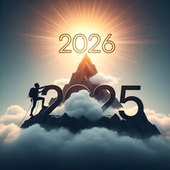 Fototapeta premium This season, we celebrate the journey: a silhouette climber moves from 2025 to 2026, reaching through the clouds towards a bright and sunny new beginning