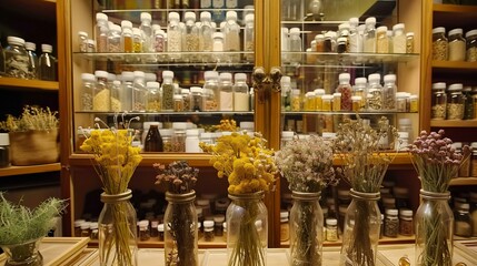 Apothecary shop interior with jars, dried flowers, wooden shelves, and variety of spices
