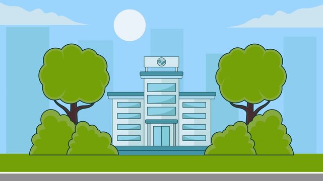 hospital building landscaped  cartoon animation backgrounds video . Medical Cross Symbol Healthcare Facility animated footage motion graphic illustration design