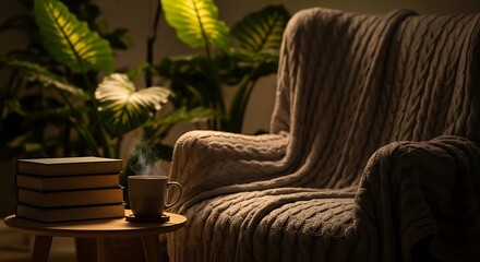 Fototapeta premium Cozy armchair with steaming cup and books in dim light