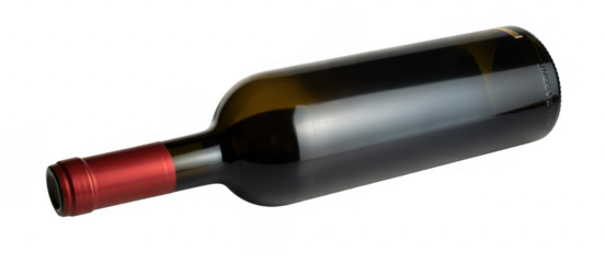 Empty wine bottle with red foil cap isolated on a transparent background