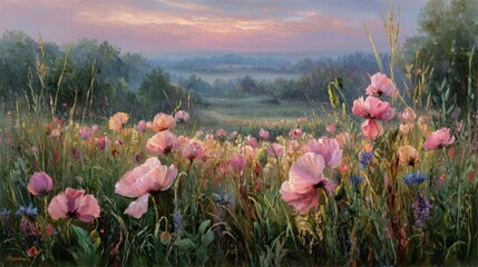 Pink Poppy Field At Sunrise