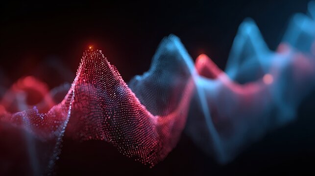 stable financial abstract data visualization with rising red node line and blue mesh curve