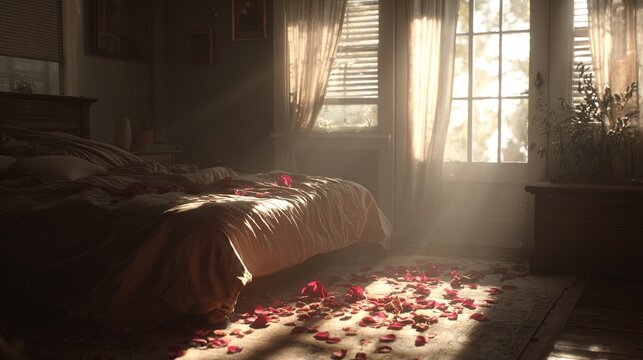 Romantic morning sunlight streams through bedroom window illuminating rose petals scattered on bed and floor for dreamy Valentine's ambiance