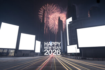 dramatic 2026 celebration with fireworks over digital cityscape and blank screens
