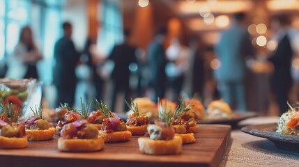 close up view of catering appetizers and drinks on table with blurred business professionals networking at corporate event in background