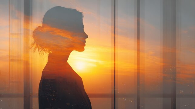 double exposure of woman silhouette with office interior and sunrise