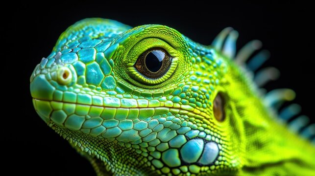 Close-up of vibrant green iguana head