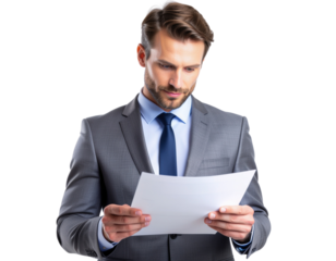 Male business analyst reviewing paperwork with focused expression, isolated on a transparent background, PNG