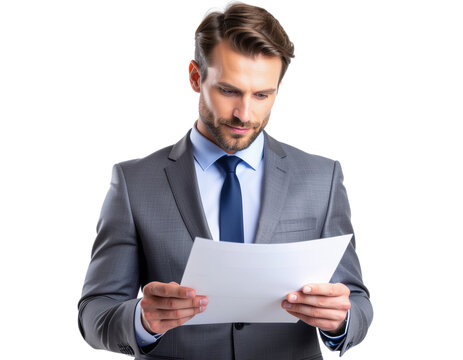 Male business analyst reviewing paperwork with focused expression, isolated on a transparent background, PNG