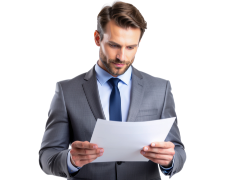 Male business analyst reviewing paperwork with focused expression, isolated on a transparent background, PNG