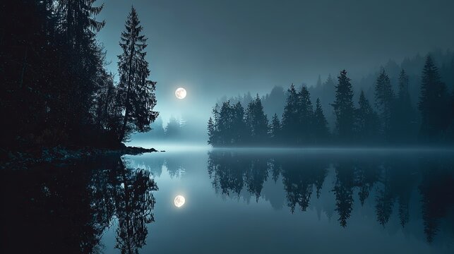 Enchanting moonlight reflecting on calm lake waters surrounded by a tranquil forest at twilight creates a mystical atmosphere