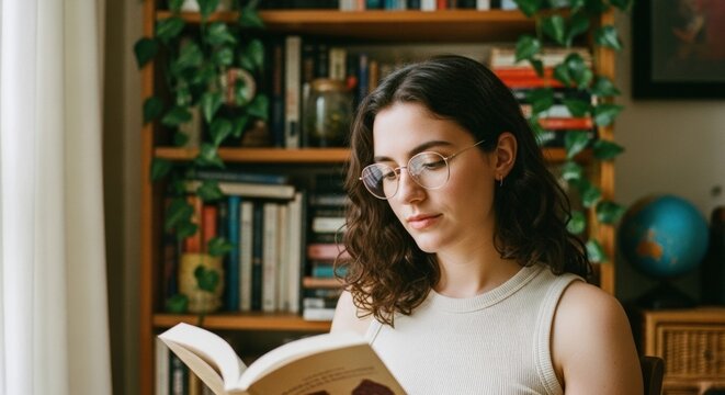 Woman engrossed in reading a book in a cozy home setting.