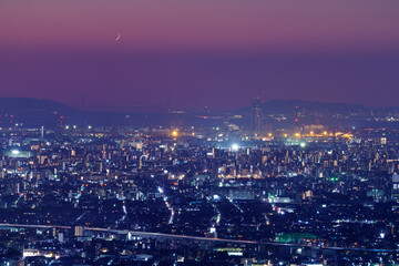 生駒山から見た、大阪平野夜景　明石海峡大橋遠望