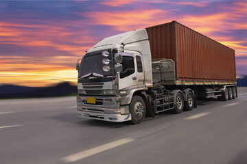 truck on the road with sunset background