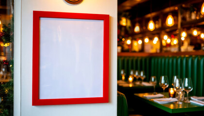 Charming restaurant interior with empty red frame and elegant table setting in warm ambiance