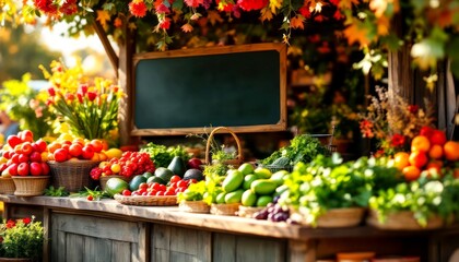Colorful farmer's market stand with fresh vegetables and fruits, empty chalkboard for messages