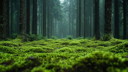Lush green moss carpet a misty forest floor