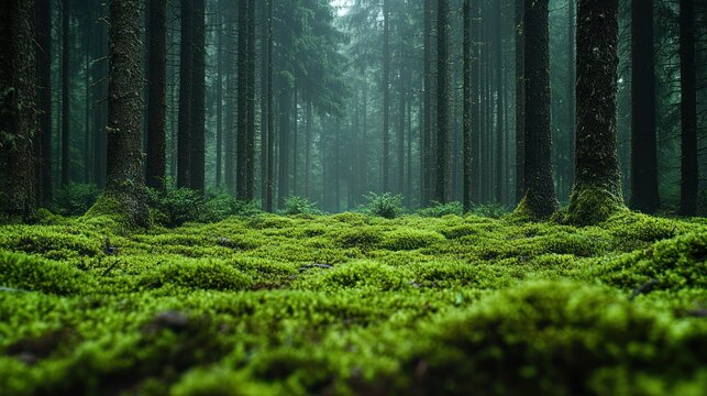 Lush green moss carpet a misty forest floor
