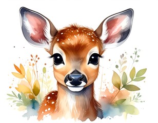 Cute fawn watercolor portrait with delicate foliage around the base on a white background
