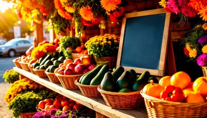 Colorful farmer's market display with fresh fruits and vegetables, empty chalkboard for messages