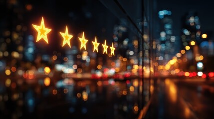 digital interface displaying glowing reviews with five stars and blurred city lights in the background
