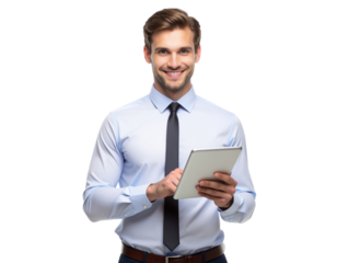 Male office employee working on a tablet while standing in a relaxed corporate pose, isolated on a transparent background, PNG