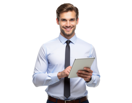 Male office employee working on a tablet while standing in a relaxed corporate pose, isolated on a transparent background, PNG