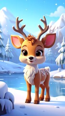 Cute fawn with antlers stands in snowy winter landscape with mountain backdrop