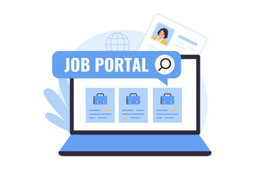 Illustration of Online Job Portal. A laptop displays a Job Portal interface with job vacancy listings. This visual represents digital job searching, online recruitment platforms