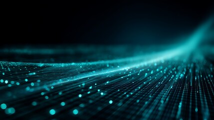 A digital wave with a blue and green color scheme, featuring a grid pattern and glowing particles.