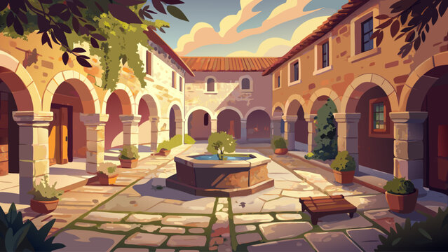 Old stone courtyard with softly washed colors, gentle sunlight illuminating textured walls, evoking a peaceful and nostalgic historical ambiance