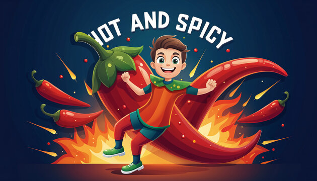 Spicy Pepper Man dancing with fire elements, dynamic illustration, representing heat and flavor for food and beverage industry