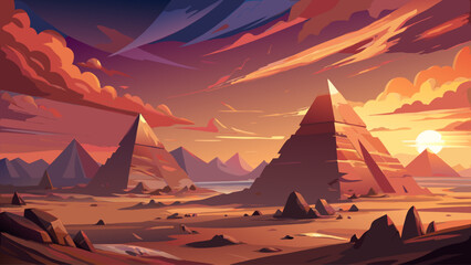 Ancient sandstone pyramids glowing under dramatic sunset sky in vast desert, cinematic mystical atmosphere