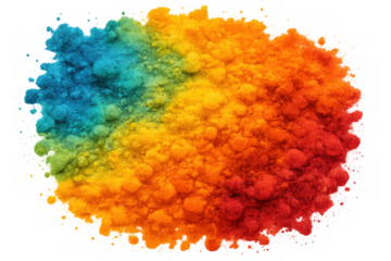 Colorful powder cloud exploding, creating a vibrant rainbow pigment splash with varied texture on transparent background