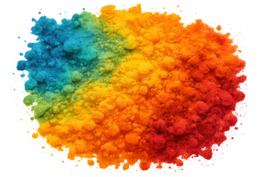 Colorful powder cloud exploding, creating a vibrant rainbow pigment splash with varied texture on transparent background