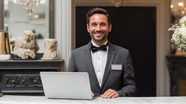 friendly hotel manager with warm welcoming smile standing behind his computer at front desk of luxury hotel