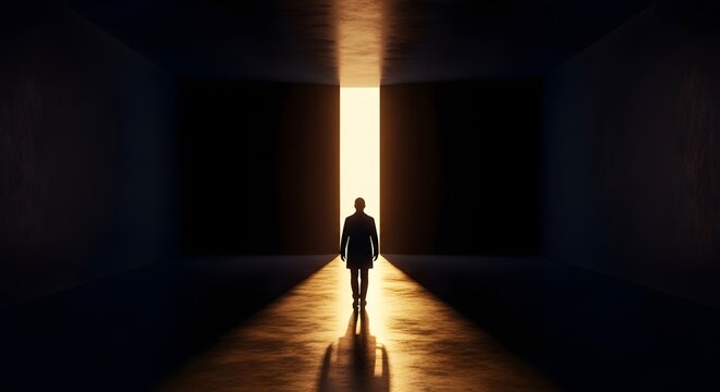 Silhouette of a person walking towards a bright light at the end of a dark tunnel or corridor, symbolizing hope or a new beginning.